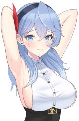 Rule 34 | 1girl, absurdres, ako (blue archive), armpits, arms behind head, black hairband, black skirt, blue archive, blue eyes, blue hair, blush, breasts, closed mouth, collared shirt, commentary, dalgam12, ear piercing, embarrassed, eyelashes, frown, furrowed brow, hair between eyes, hair ribbon, hairband, high-waist skirt, highres, korean commentary, large breasts, light blue hair, long hair, looking at viewer, piercing, presenting armpit, red ribbon, ribbon, shirt, sideboob, simple background, skirt, sleeveless, sleeveless shirt, solo, sweatdrop, upper body, white background, white shirt, wing collar