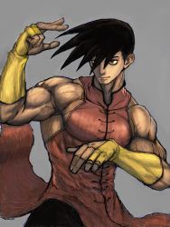 Rule 34 | 1boy, bridal gauntlets, brown eyes, brown hair, capcom, chinese clothes, elbow gloves, fighting stance, gloves, goat (121516haihun), grey background, hair over one eye, highres, male focus, muscular, simple background, sleeveless, solo, spiked hair, street fighter, street fighter iii (series), yang lee