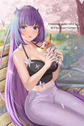Rule 34 | 1girl, arikawa rui, bare arms, bare shoulders, bench, black shirt, breasts, camisole, cherry blossoms, cleavage, collarbone, commission, crepe, crop top, food, freckles, halter shirt, halterneck, highres, holding, horns, indie virtual youtuber, large breasts, long hair, looking at viewer, midriff, navel, outdoors, pants, park bench, parted lips, petals, purple eyes, purple hair, shirt, sitting, sleeveless, sleeveless shirt, solo, spaghetti strap, very long hair, virtual youtuber, white pants