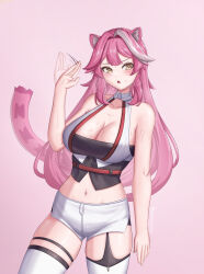 1girl absurdres animal_ear_fluff animal_ears azurecruiser black_tube_top blush breasts cleavage collar fanning_self goggles goggles_on_head highres hololive hololive_english hot large_breasts long_hair looking_to_the_side midriff motion_lines multicolored_hair navel open_mouth panther_ears panther_girl panther_tail pink_hair raora_panthera signature solo strapless streaked_hair sweat tail thick_thighs thighs tube_top virtual_youtuber yellow_eyes