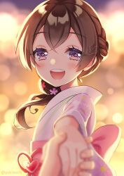 Rule 34 | 1girl, blush, brown hair, commentary, delicious party precure, earrings, highres, holding hands, japanese clothes, jewelry, kimono, long hair, nagomi yui, open mouth, ponytail, precure, purple eyes, smile, solo, yukata, yukinko (yukiwork)