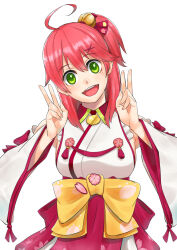 Rule 34 | 1girl, ahoge, bell, bow, breasts, commentary request, detached sleeves, double v, green eyes, hair bell, hair ornament, head tilt, hololive, jingle bell earrings, large breasts, nontraditional miko, one side up, open mouth, pink hair, sakura miko, sideboob, smile, solo, underwear, v, virtual youtuber, wide sleeves, x hair ornament, yellow bow, yoohei (pizzadev)