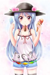 Rule 34 | 1girl, aged down, black hat, blue shorts, closed mouth, collarbone, cowboy shot, food, grey thighhighs, hat, highres, hinanawi tenshi, holding, holding food, holding ice cream cone, ice cream, ice cream cone, long hair, looking at viewer, mouth hold, red eyes, red ribbon, reimei (r758120518), ribbon, shirt, short shorts, shorts, silver hair, simple background, sleeveless, sleeveless shirt, smile, solo, standing, straight hair, sun hat, thigh gap, thighhighs, touhou, very long hair, white background, white shirt, zettai ryouiki