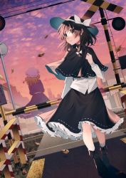 Rule 34 | 2girls, autumn leaves, black capelet, black footwear, black headwear, black skirt, boots, bow, brown hair, building, capelet, city, cloud, cloudy sky, commentary request, dress, dutch angle, from behind, full body, gradient sky, grey eyes, hair bow, hat, hat bow, highres, kaede (mmkeyy), long hair, long sleeves, looking to the side, maribel hearn, mob cap, multiple girls, orange sky, parted lips, purple dress, purple sky, railroad crossing, railroad signal, railroad tracks, ribbon-trimmed capelet, ribbon-trimmed skirt, ribbon trim, scenery, shirt, skirt, sky, socks, solo focus, touhou, usami renko, white bow, white headwear, white shirt, white socks