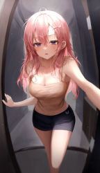 Rule 34 | 1girl, absurdres, bare arms, bare shoulders, black shorts, blush, breasts, camisole, chabi, cleavage, collarbone, doorway, feet out of frame, fisheye, hair between eyes, highres, long hair, looking at viewer, medium breasts, open mouth, opening door, original, outstretched arm, parted bangs, parted lips, pink hair, pov doorway, purple eyes, revision, shirt, short shorts, shorts, sleeveless, sleeveless shirt, solo, spaghetti strap, standing, sweat, sweatdrop, thighs, yellow shirt