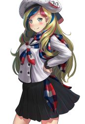 Rule 34 | 10s, 1girl, ao iro, beret, blonde hair, blue eyes, blue hair, breasts, commandant teste (kancolle), hand on own hip, hat, highres, kantai collection, large breasts, long hair, looking at viewer, matching hair/eyes, multicolored hair, red hair, scarf, skirt, smile, solo, streaked hair, wavy hair