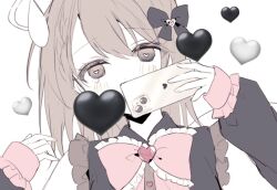 Rule 34 | 1girl, black bow, black shirt, blush, bow, bowtie, brooch, brown hair, cellphone, darling dance (vocaloid), detached sleeves, frilled bowtie, frilled sleeves, frills, grey eyes, hair bow, halo, hanasato minori, heart, heart-shaped pupils, heart brooch, holding, holding phone, jewelry, jirai kei, long sleeves, looking at viewer, phone, pink bow, pink bowtie, portrait, project sekai, puffy long sleeves, puffy sleeves, qi7pi, shirt, simple background, smartphone, solo, symbol-shaped pupils, white background