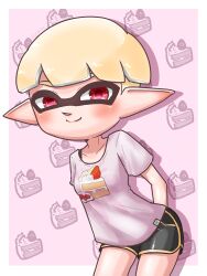Rule 34 | 1girl, arms behind back, black shorts, blonde hair, border, cake, closed mouth, collarbone, commentary request, food, gasshi555, highres, inkling, inkling girl, inkling player character, looking at viewer, nintendo, outside border, patterned background, pointy ears, print shirt, purple shirt, red eyes, shirt, short hair, short shorts, shorts, smile, solo, splatoon (series), splatoon 3, strawberry shortcake, tentacle hair, white border, yellow trim