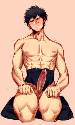 Rule 34 | 10s, 1boy, abs, bad id, bad pixiv id, clenched hands, clenched teeth, cushion, doudanuki masakuni, erection, highres, looking at viewer, lvlv, male focus, muscular, nipples, one eye closed, penis, pink background, precum, saliva, seiza, simple background, sitting, sketch, solo, teeth, touken ranbu, uncensored, underwear, underwear only, wince, yellow eyes, zabuton
