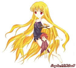 Rule 34 | 00s, 1girl, bare shoulders, character doll, cloak, collarbone, detached sleeves, evangeline a.k. mcdowell, long hair, looking at viewer, mahou sensei negima!, marionette, negi springfield, puppet, red eyes, red hair, simple background, solo, spiked hair, vampire, very long hair, white background