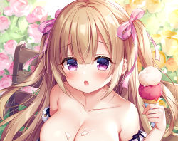 Rule 34 | 1girl, bare shoulders, bench, blonde hair, blush, breasts, cleavage, collarbone, commentary request, cream on body, floral background, food, food on body, food on breasts, hair between eyes, hair ribbon, holding, holding food, ice cream, large breasts, long hair, looking at viewer, mitsuba choco, official art, open mouth, original, pink ribbon, purple eyes, ribbon, sidelocks, sitting, solo, two side up, upper body