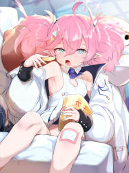 Rule 34 | 1girl, absurdres, ahoge, armpits, blue archive, blue eyes, blurry, blurry background, blush, breasts, chips (food), cleavage, couch, food, hair between eyes, hair ornament, halo, highres, jacket, looking at viewer, messy hair, momoka (blue archive), open mouth, pink hair, sharp teeth, shirt, sitting, sleeveless, sleeveless shirt, small breasts, solo, teeth, utsusumi kio