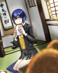 Rule 34 | 1girl, artist request, black-framed eyewear, black jacket, blue hair, blurry, blurry background, bread, buttons, cardigan, ciel (tsukihime), closed eyes, closed mouth, collared shirt, commentary request, curry bread, cushion, eating, food, food on face, glasses, grey skirt, hair between eyes, happy, holding, holding food, indoors, jacket, long sleeves, miniskirt, open clothes, open jacket, pleated skirt, pocket, school uniform, seiza, shirt, short hair, sitting, skirt, smile, solo, thighs, tsukihime, tsukihime (remake), uniform, white shirt, yellow cardigan, zabuton