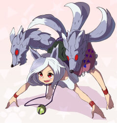 Rule 34 | 1girl, all fours, animal ears, dog ears, dog tail, fang, frilled skirt, frills, grey hair, highres, mitsugashira enoko, multiple tails, open mouth, pink skirt, purple shirt, red eyes, shirt, short hair, skirt, smile, solo, syope, tail, touhou