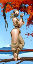 Rule 34 | 1girl, absurdres, antenna hair, ass, autumn leaves, branch, brown eyes, commentary, covered mouth, from side, highres, hip vent, ibuki (street fighter), in tree, kairunoburogu, looking at viewer, mask, mouth mask, no panties, soles, solo, standing, stirrup legwear, street fighter, street fighter iii (series), thighs, toeless legwear, tree