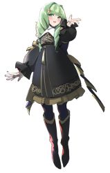 Rule 34 | 1girl, artist name, blush, boots, bow, dress, drill hair, female focus, fire emblem, fire emblem: three houses, flayn (fire emblem), full body, green eyes, green hair, hair ornament, hairclip, long hair, matching hair/eyes, nintendo, open mouth, pantyhose, skeptycally, solo, white background