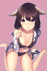 Rule 34 | 1girl, :q, arm support, bare shoulders, barefoot, bikini, bikini under clothes, brown bikini, brown hair, collarbone, collared shirt, dress shirt, from above, halterneck, highres, holding strap, horns, kagematsuri, licking lips, long sleeves, looking at viewer, off shoulder, pink background, pink eyes, shirt, short hair, simple background, sitting, solo, strap lift, swimsuit, swimsuit under clothes, tongue, tongue out, wariza, white shirt