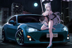Rule 34 | 1girl, absurdres, animal ear fluff, animal ears, aqua eyes, bare shoulders, black gloves, black leotard, blue footwear, blush, bracelet, breasts, car, cat ears, cat girl, cat tail, checkered flag, city, cleavage, closed mouth, collarbone, commission, covered navel, elbow gloves, flag, full body, full moon, gloves, grey hair, hand on own hip, high heels, highres, holding, holding flag, jewelry, kcar66t, kneehighs, large breasts, leg up, leotard, long hair, looking at viewer, moon, motor vehicle, night, original, outdoors, pasties, pixiv commission, race queen, road, scion fr-s, shoes, single shoe, socks, solo, standing, standing on one leg, street, tail, thigh strap, very long hair, white socks