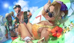 Rule 34 | 1girl, 2boys, abs, apex legends, armlet, aviator sunglasses, bare pectorals, beach, belt, black belt, bossan 3310, bow, bracelet, breasts, brown eyes, brown hair, brown headwear, chest hair, choker, cleavage, cloud, collarbone, cropped shirt, dark-skinned female, dark-skinned male, dark skin, earrings, facial hair, fingerless gloves, fishnet gloves, fishnets, flower, gloves, goatee, goggles, goggles on head, green shirt, hair behind ear, hair bow, hair flower, hair ornament, hat, highres, innertube, jewelry, lens flare, lip piercing, loba (apex legends), looking at viewer, medium breasts, mirage (apex legends), multiple boys, navel, necklace, nessie (respawn), open clothes, open mouth, open shirt, orange shorts, pectorals, piercing, pink lips, purple bow, seer (apex legends), seerside seer, shell, shell earrings, shirt, shorts, sky, smile, storm point (apex legends), straw hat, sub-mirage mirage, sun, sunglasses, swim ring, trouble in paradise loba, white flower, white gloves