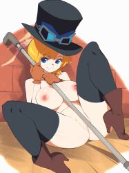 Rule 34 | 1girl, absurdres, aetherion, blue eyes, boots, breasts, cleft of venus, covering privates, covering crotch, gloves, hat, highres, industrial pipe, koala (one piece), large breasts, light brown hair, nude, on floor, one piece, pussy, short hair, smile, thighhighs