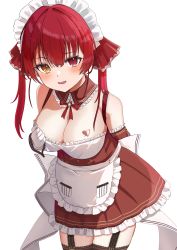 Rule 34 | 1girl, absurdres, apron, blush, breasts, c1p122, cleavage, dress, frills, gloves, hair ribbon, heart, heart tattoo, heterochromia, highres, hololive, houshou marine, large breasts, long hair, looking at viewer, maid, maid apron, maid headdress, open mouth, red eyes, red hair, ribbon, skirt, smile, solo, tattoo, thigh strap, thighhighs, twintails, virtual youtuber, white background, yellow eyes, zettai ryouiki