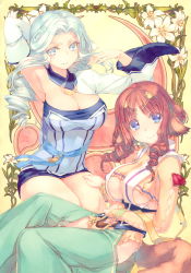 Rule 34 | 2girls, absurdres, ainu clothes, amazuyu tatsuki, animal ears, aquaplus, blue eyes, blue hair, breasts, brown hair, cleavage, cleavage cutout, clothing cutout, covered erect nipples, curly hair, detached sleeves, drill hair, flower, fumirul, gradient eyes, hair ornament, hair over shoulder, hand on another&#039;s thigh, highres, hip vent, kneeling, large breasts, long hair, long sleeves, looking at viewer, multicolored eyes, multiple girls, munechika, official art, parted lips, plant, scan, sideboob, sidelocks, simple background, sitting, strapless, tail, thick thighs, thighs, tube top, underboob, utawarerumono, utawarerumono: futari no hakuoro, utawarerumono: itsuwari no kamen, vines, wide sleeves