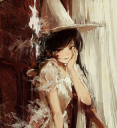 Rule 34 | 1girl, 7ife, absurdres, black hair, blood, blood on face, brown eyes, closed mouth, commentary, dress, english commentary, hat, highres, licking lips, long hair, looking at viewer, original, short sleeves, solo, tongue, tongue out, upper body, white dress, white hat, witch, witch hat