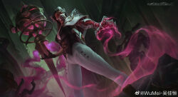 Rule 34 | 1girl, 1other, absurdres, artist name, black gloves, black hair, black sclera, black shirt, building, colored sclera, gloves, glowing, glowing eyes, grey hair, hair pulled back, highres, league of legends, long hair, looking at viewer, mask, mechanical arms, mechanical hands, mouth mask, multicolored hair, outdoors, pants, red eyes, renata glasc, shirt, single glove, single mechanical arm, single mechanical hand, smoke, solo focus, standing, streaked hair, two-tone hair, white pants, wumei (wujiaheng), zaun (league of legends)
