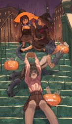 Rule 34 | 4girls, animal ears, animal hands, black dress, brain, brown skirt, building, candy, dress, food, gloves, halloween, halloween bucket, hat, jack-o&#039;-lantern, long sleeves, multiple girls, night, original, others (gogo-o), paw gloves, pink shirt, purple sky, railing, shirt, sitting, sitting on stairs, skirt, sky, sleeveless, stairs, tail, werewolf, werewolf costume, witch, witch hat