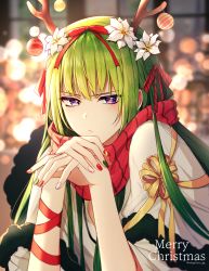 Rule 34 | 1boy, androgynous, antlers, arm ribbon, blurry, blurry background, closed mouth, depth of field, ede, enkidu (fate), fate/strange fake, fate (series), flower, frown, green hair, green nails, hair flower, hair ornament, hair ribbon, highres, horns, kingu (fate), long hair, looking at viewer, male focus, merry christmas, multicolored nails, nail polish, plaid, plaid scarf, purple eyes, red nails, red ribbon, red scarf, reindeer antlers, ribbon, scarf, solo, trap, twitter username, very long hair, white flower, yellow ribbon