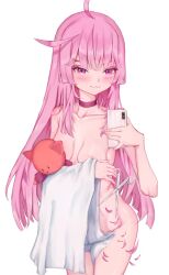 Rule 34 | 1girl, :3, ahoge, blush, breasts, cellphone, collarbone, cutting hair, eien project, eyebrows, eyelashes, female focus, hand up, highres, holding, holding stuffed toy, holding stuffed animal, holding stuffed toy, holding towel, kiki lockheart, long hair, lunarisbloom, matching hair/eyes, messy hair, phone, pink eyes, pink hair, scissors, selfie, simple background, small breasts, smartphone, solo, standing, stuffed animal, stuffed toy, tagme, towel, virtual youtuber, white background