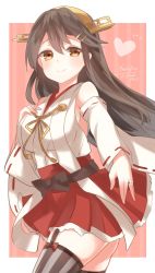 Rule 34 | 10s, bare shoulders, black hair, boots, brown eyes, detached sleeves, hair ornament, hairband, hairclip, haruna (kancolle), headgear, highres, japanese clothes, jewelry, kantai collection, long hair, nontraditional miko, pleated skirt, ribbon-trimmed sleeves, ribbon trim, ring, skirt, solo, thigh boots, thighhighs, twitter username, wedding band, zarathurtra