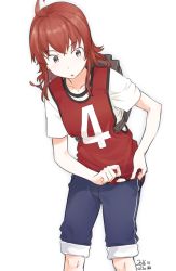Rule 34 | 10s, 1girl, :o, adjusting clothes, ahoge, alternate costume, arashi (kancolle), dated, grey eyes, kantai collection, kawashina (momen silicon), long hair, looking down, machinery, pants, pants rolled up, red hair, solo, sportswear, track pants