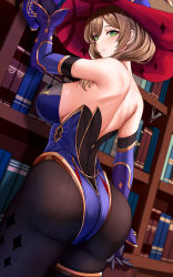 Rule 34 | 1girl, artist name, ass, bare shoulders, black pantyhose, blush, book, bookshelf, breasts, cleavage, commentary, cosplay, duplicate, elbow gloves, genshin impact, gloves, green eyes, hat, highleg, highleg leotard, highres, holding, indoors, large breasts, leotard, light brown hair, lips, lisa (genshin impact), long hair, looking at viewer, looking back, mona (genshin impact), mona (genshin impact) (cosplay), pantyhose, parted lips, piukute062, pixel-perfect duplicate, shiny skin, signature, simple background, solo, strapless, strapless leotard, thigh strap, witch hat