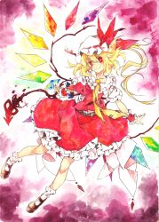 Rule 34 | 1girl, absurdres, ascot, blonde hair, bow, flandre scarlet, hat, hat bow, highres, laevatein, painting (medium), red eyes, sash, side ponytail, solo, touhou, toutenkou, traditional media, watercolor (medium), wings
