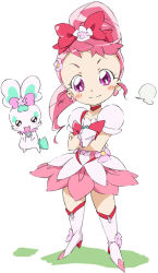 Rule 34 | 1girl, blush, boots, bow, brooch, child, chypre (heartcatch precure!), cosplay, crossed arms, cure blossom, cure blossom (cosplay), face, hanasaki futaba, hanasaki tsubomi, heart, heart brooch, heartcatch precure!, knee boots, magical girl, pink eyes, pink hair, ponytail, precure, skirt, smile, umanosuke