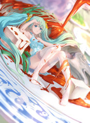 Rule 34 | 1girl, :t, aqua eyes, aqua hair, armpits, bare shoulders, blue dress, blue eyes, breasts, china dress, chinese clothes, commentary request, convenient leg, dress, dutch angle, fish, food, frown, full body, hand on own forehead, hand to forehead, hatsune miku, highres, in food, long hair, long twintails, looking at viewer, medium breasts, messy, mini person, minigirl, no shoes, plate, reclining, sauce, shan-n, short dress, side slit, sleeveless, sleeveless dress, solo, thighhighs, thighs, tofu, twintails, very long hair, vocaloid, white thighhighs