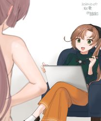 Rule 34 | 2girls, akigumo (kancolle), blurry, bobokuboboku, brown hair, character name, clothed female nude female, commentary request, couch, crossed legs, dated, depth of field, gradient background, green eyes, green sweater, highres, kantai collection, kazagumo (kancolle), long hair, long skirt, modeling, multiple girls, nude, nude modeling, one-hour drawing challenge, orange skirt, pencil, ponytail, sitting, sketchbook, skirt, solo focus, sweater, twitter username, white background