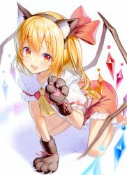Rule 34 | 1girl, all fours, animal ears, animal hands, ascot, barefoot, blonde hair, cat ears, crystal, fake animal ears, fang, flandre scarlet, full body, gloves, hair ribbon, hand up, kuwa analog, looking at viewer, marker (medium), medium hair, no headwear, one side up, open mouth, paw gloves, red eyes, red ribbon, red skirt, red vest, ribbon, shirt, short sleeves, skin fang, skirt, smile, solo, touhou, traditional media, vest, white background, white shirt, wings, yellow ascot