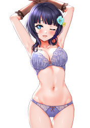 Rule 34 | 1girl, ;d, armpits, arms up, asaka karin, blue bra, blue eyes, blue flower, blue hair, blue panties, blunt bangs, blush, bra, breasts, brown gloves, cleavage, collarbone, commentary request, elbow gloves, floral print, flower, gloves, hair flower, hair ornament, highres, large breasts, lingerie, love live!, love live! nijigasaki high school idol club, love live! school idol festival all stars, love live! school idol project, mole, mole on breast, mole on collarbone, navel, one eye closed, open mouth, panties, print bra, rose print, sankuro (agoitei), short hair, simple background, skindentation, smile, solo, stomach, thigh gap, underwear, underwear only, white background