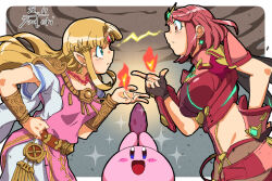 Rule 34 | 1other, 2girls, angry, black gloves, blonde hair, breasts, chest jewel, clash, dress, earrings, fingerless gloves, fire, gloves, headpiece, jewelry, kirby, kirby (series), large breasts, long hair, midriff, multiple girls, nintendo, pantyhose, pantyhose under shorts, princess zelda, pyra (xenoblade), red eyes, red hair, red shorts, short hair, short shorts, shorts, super smash bros., swept bangs, the legend of zelda, the legend of zelda: a link between worlds, thighhighs, tiara, triforce earrings, xenoblade chronicles (series), xenoblade chronicles 2, you bird