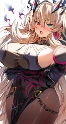 Rule 34 | 1girl, armor, bare shoulders, black dress, black gloves, blonde hair, blush, breasts, brown pantyhose, chain, dress, earrings, elbow gloves, barghest (fate), barghest (second ascension) (fate), fate/grand order, fate (series), gauntlets, gloves, green eyes, heterochromia, highres, horn/wood, horns, jewelry, large breasts, long hair, looking at viewer, open mouth, pantyhose, pauldrons, pelvic curtain, red eyes, shoulder armor, sideboob, single gauntlet, single pauldron, solo, thighs