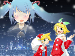 Rule 34 | 1boy, 2girls, brother and sister, christmas, green hair, hatsune miku, kagamine len, kagamine rin, multiple girls, santa costume, siblings, twins, twintails, vocaloid
