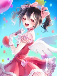 Rule 34 | 10s, 1girl, angel wings, balloon, black hair, bow, choker, dress, frills, gloves, hair bow, looking at viewer, love live!, love live! school idol festival, love live! school idol project, microphone, open mouth, poison916, red dress, red eyes, solo, twintails, white gloves, wings, yazawa nico