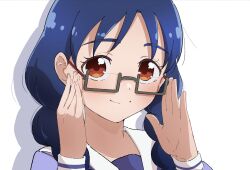 Rule 34 | 1girl, adjusting eyewear, blush, braid, brown eyes, eyelashes, glasses, go! princess precure, happy, highres, jwetefmgyvhlxqn, long hair, looking at viewer, low twin braids, low twintails, nanase yui, precure, simple background, smile, solo, twin braids, twintails, white background