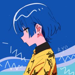 Rule 34 | 1girl, bad id, bad twitter id, blue background, blue hair, bocchi the rock!, closed mouth, collared shirt, earrings, from side, highres, jewelry, kerorira, print shirt, profile, shirt, short hair, solo, upper body, yamada ryo, yellow eyes, yellow shirt