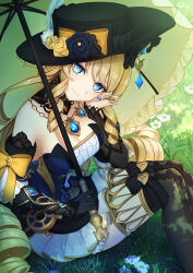 Rule 34 | 1girl, absurdres, bare shoulders, black flower, black hat, blonde hair, blue eyes, blue flower, blue gemstone, boots, breasts, cleavage, detached sleeves, dress, flower, gem, genshin impact, grass, hair ornament, hand on own cheek, hand on own face, hat, highres, holding, holding umbrella, large breasts, long hair, looking at viewer, navia (genshin impact), on grass, plume, ribbon, solo, strapless, strapless dress, thigh boots, thighhighs, twintails, umbrella, w10yu1i118yw, white flower, yellow ribbon, yellow umbrella