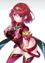 Rule 34 | 1girl, absurdres, black gloves, blush, breasts, cawang, chest jewel, cowboy shot, earrings, fingerless gloves, gem, gloves, gradient background, grey background, highres, jewelry, large breasts, looking at viewer, nintendo, pyra (xenoblade), red eyes, red hair, short hair, smile, solo, swept bangs, thighhighs, tiara, white background, xenoblade chronicles (series), xenoblade chronicles 2