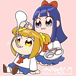 Rule 34 | 10s, :3, arm support, arm up, arms at sides, bkub (style), blouse, blue eyes, blue hair, blue sailor collar, blue skirt, bow, brown footwear, commentary request, company name, food, full body, hair bow, hair ornament, hair scrunchie, holding, holding tray, karubobo, kneeling, long hair, long sleeves, mochi, neckerchief, pink background, pipimi, poptepipic, popuko, red bow, red neckerchief, sailor collar, school uniform, scrunchie, serafuku, shirt, short hair, sidelocks, simple background, sitting, skirt, socks, tray, two side up, wagashi, white legwear, white shirt, yellow eyes, yellow scrunchie