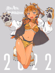 Rule 34 | 1girl, absurdres, animal ears, animal hands, animal print, bikini, breasts, brown eyes, brown hair, claws, commentary request, dark-skinned female, dark skin, gloves, grey background, highres, jacket, kusakabe (kusakabeworks), long hair, medium breasts, open clothes, open jacket, open mouth, original, paw gloves, paw shoes, ponytail, side-tie bikini bottom, solo, swimsuit, tiger ears, tiger print, translation request, white jacket, yellow bikini